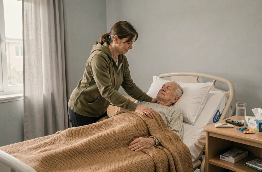 Une aidante prenant soin d'un senior fragile à domicile pendant une grippe pour éviter les complications