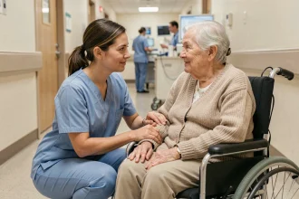 Aide-soignante communiquant avec une patiente âgée en fauteuil roulant grâce au contact visuel et au toucher bienveillant dans un couloir d'hôpital