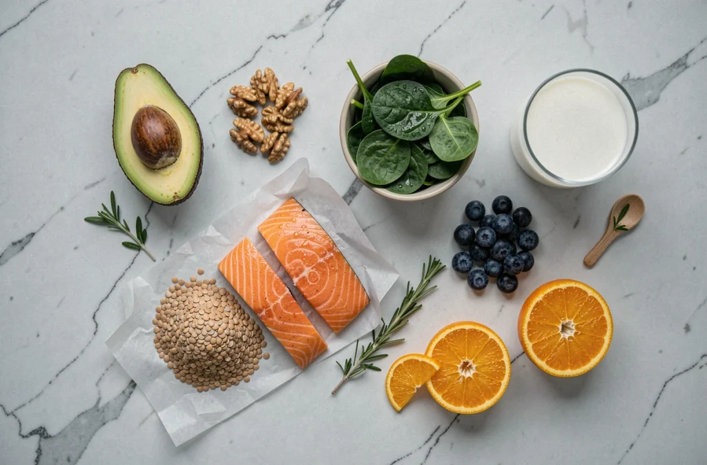Sélection d'aliments nutritifs pour femme enceinte disposés en flat lay sur marbre gris