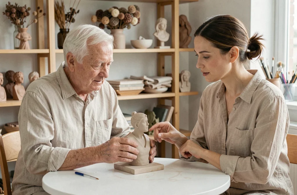 Thérapeute accompagnant un senior en atelier de sculpture argile dans un cadre d'art-thérapie