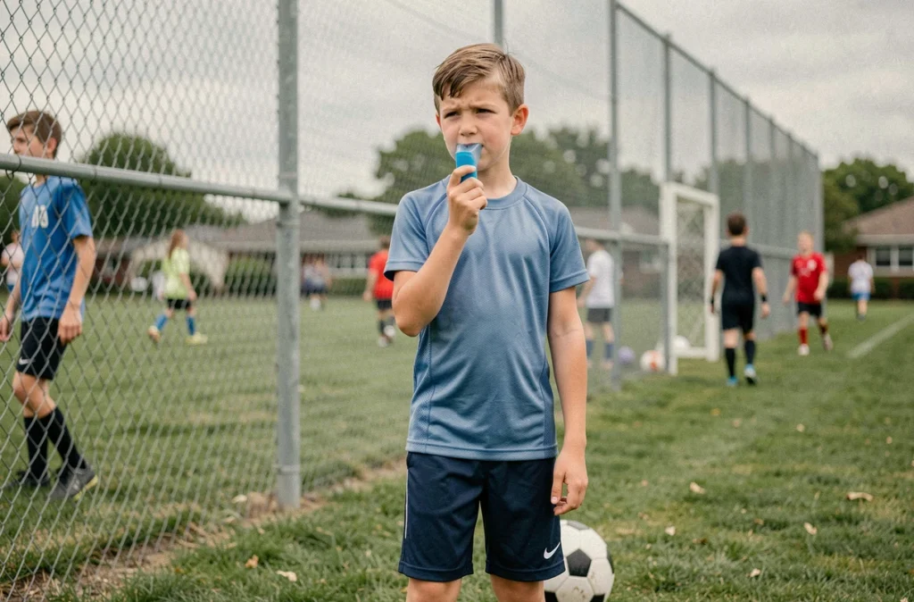 Enfant asthmatique utilisant son inhalateur de secours sur le bord d'un terrain de sport scolaire
