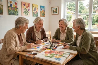 Groupe de femmes âgées participant à un atelier de peinture aquarelle en art-thérapie pour seniors