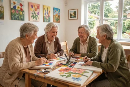 Groupe de femmes âgées participant à un atelier de peinture aquarelle en art-thérapie pour seniors