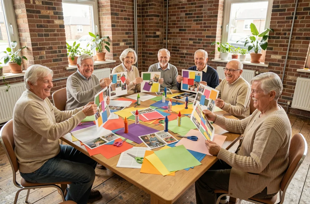 Seniors en atelier de collage collectif, partageant leurs créations artistiques lors d'une séance d'art-thérapie