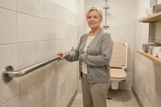 Femme âgée tenant une barre d'appui en acier installée dans une salle de bain aménagée pour prévenir les chutes