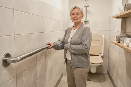 Femme âgée tenant une barre d'appui en acier installée dans une salle de bain aménagée pour prévenir les chutes