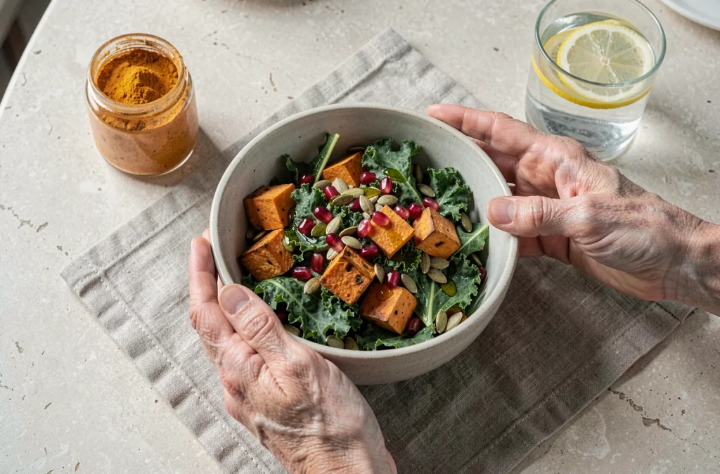 Mains tenant un bol de salade anti-inflammatoire au kale, patate douce et grenade sur une table en pierre
