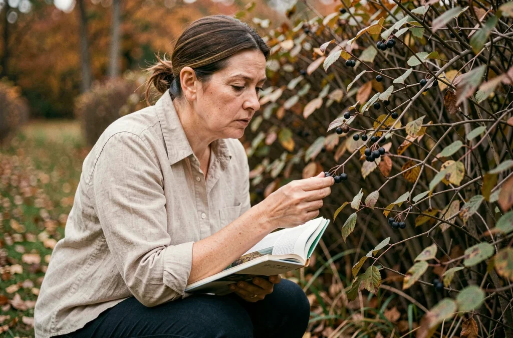 Botaniste femme observant des baies sauvages toxiques sur une haie avec un guide naturaliste, apprentissage de l'identification des baies dangereuses comme la prunelle et ses sosies