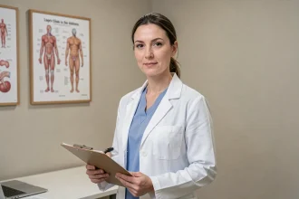 Chirurgienne plasticienne en consultation dans un cabinet médical moderne, spécialisée en chirurgie intime et tendances 2026