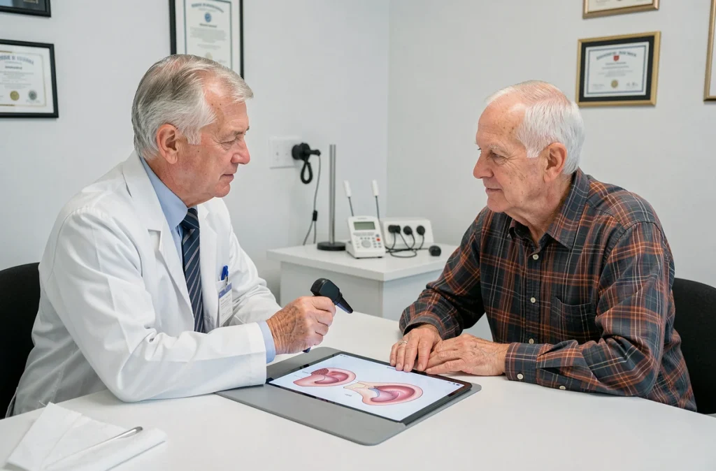 Consultation audiologique entre un médecin et un patient âgé dans une clinique moderne, dépistage de la presbyacousie