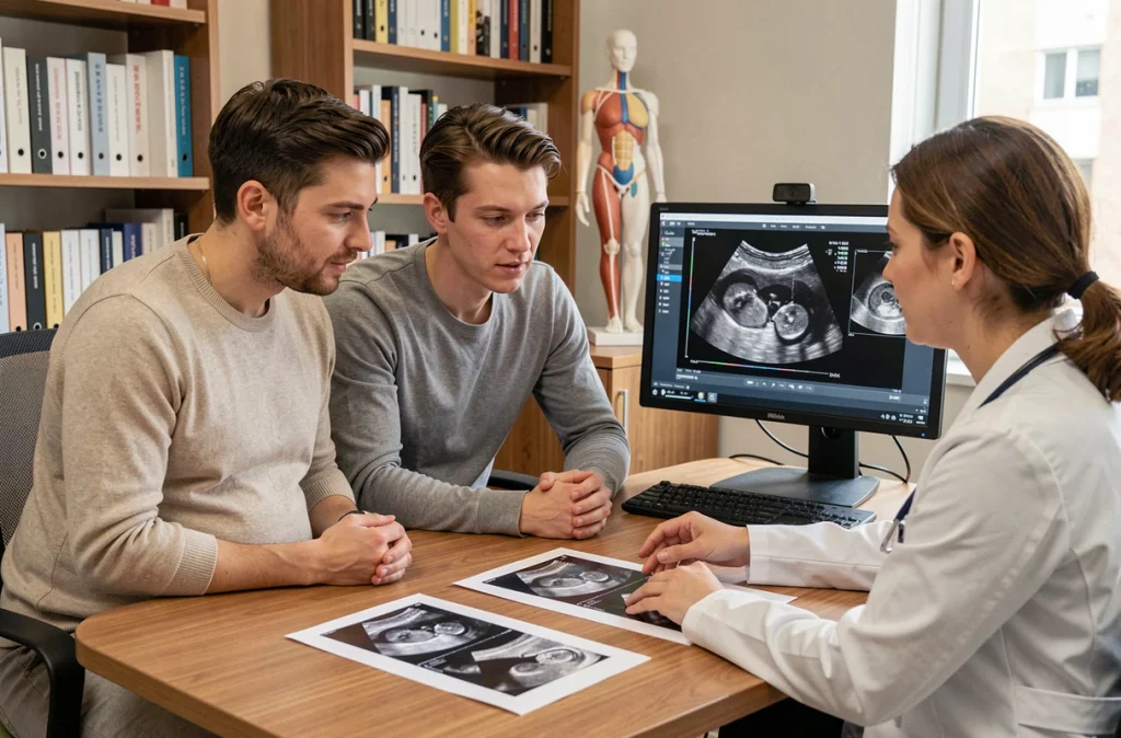 Couple de futurs parents en consultation obstétricale avec une gynécologue examinant des résultats d'échographie