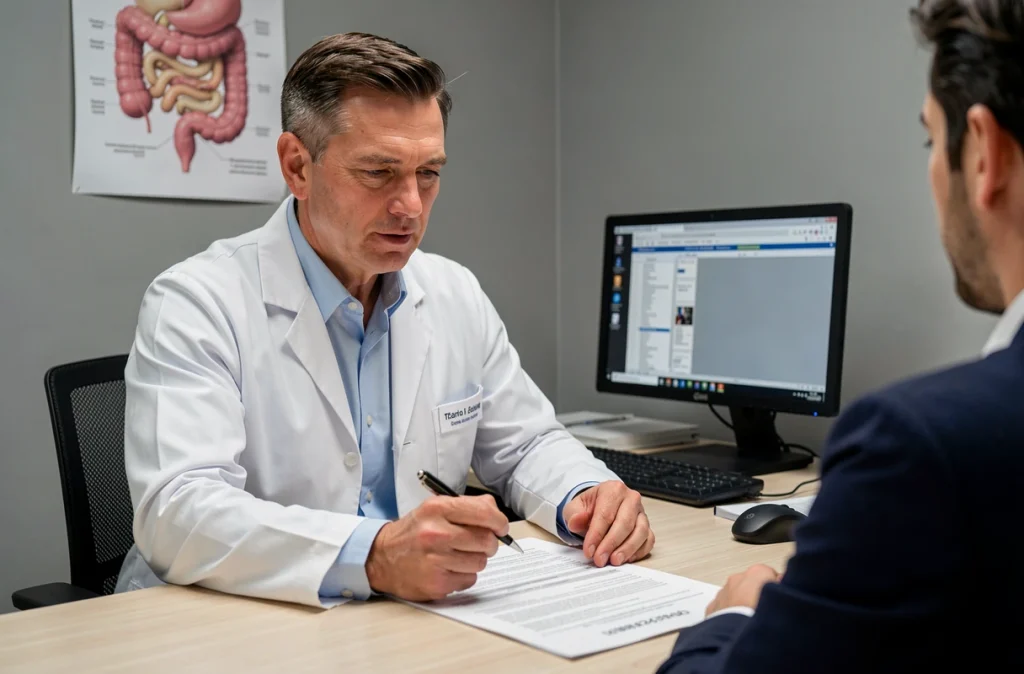 Gastroentérologue en consultation médicale expliquant un diagnostic de maladie de Crohn à un patient