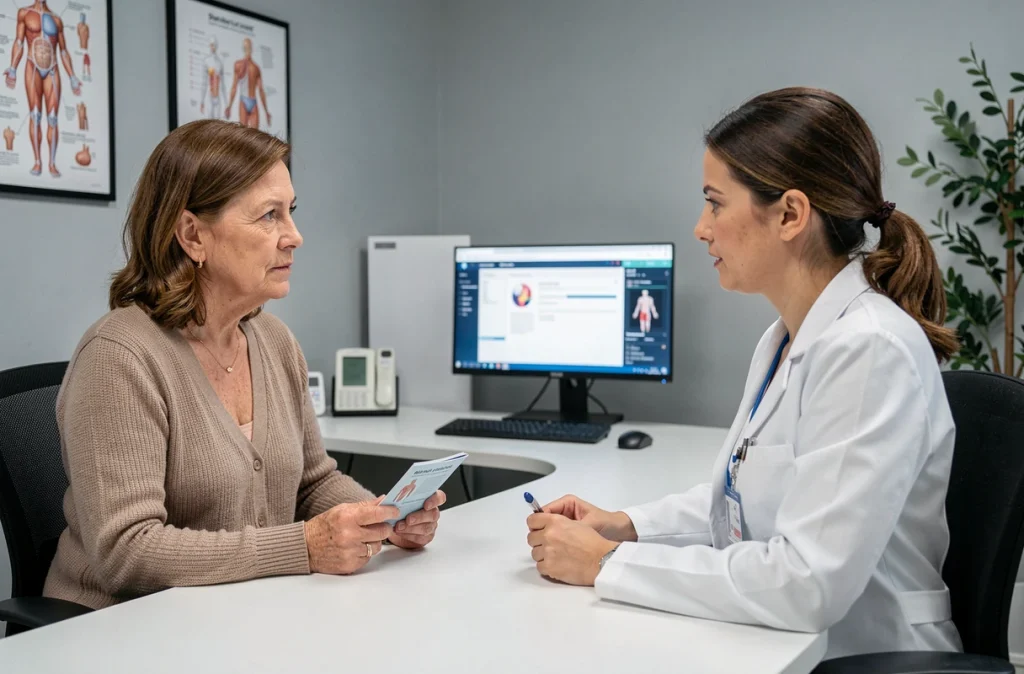 Patiente adulte en consultation médicale avec une médecin pour le traitement des infections urinaires récidivantes