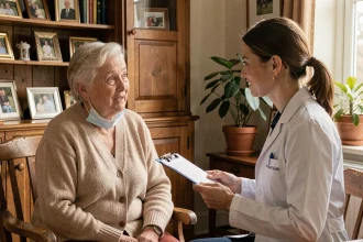 Une femme âgée en consultation avec son médecin généraliste pour prévenir les complications de la grippe