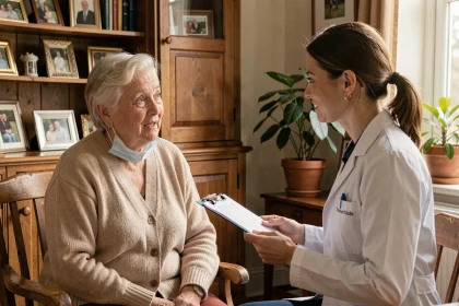 Une femme âgée en consultation avec son médecin généraliste pour prévenir les complications de la grippe