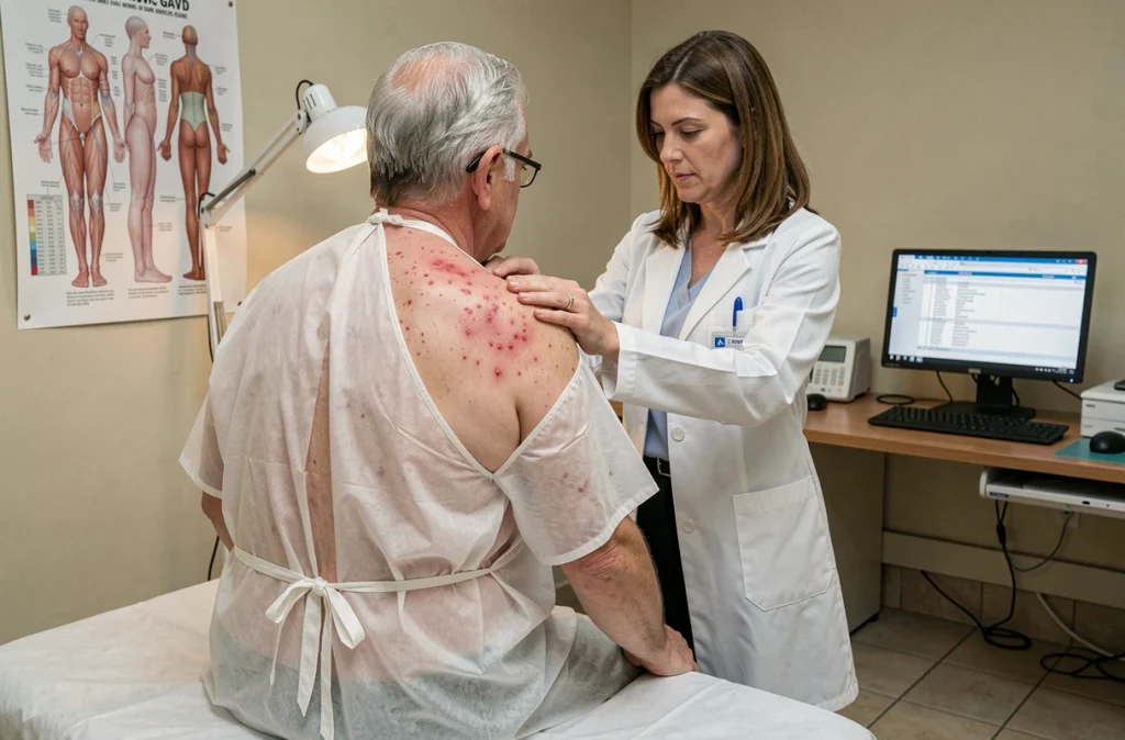 Médecin examinant une éruption de zona dans le dos d'un patient âgé en cabinet médical