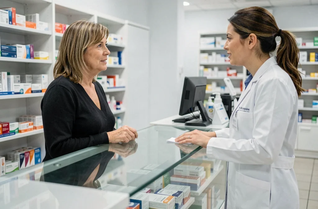Femme adulte en consultation à la pharmacie pour des infections urinaires à répétition, parlant avec une pharmacienne professionnelle