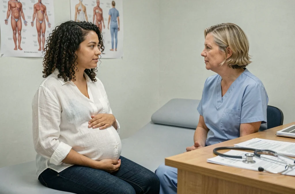 Femme enceinte en consultation prénatale avec une sage-femme, discutant des effets du stress sur la grossesse et des solutions pour les limiter
