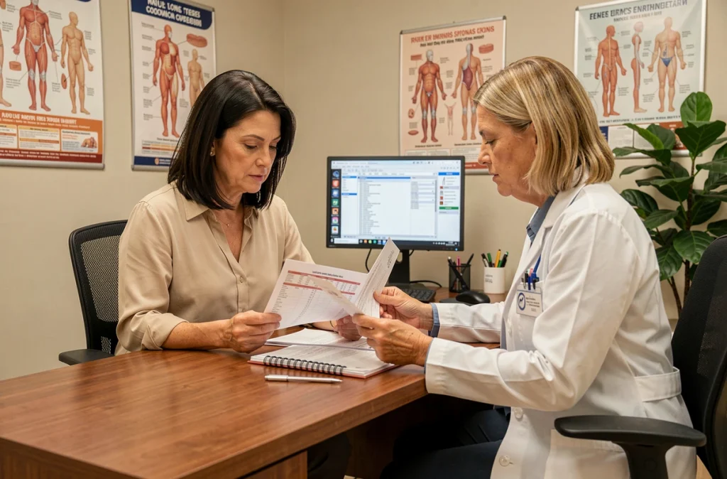 Femme consultant ses résultats de prise de sang avec une médecin lors d'une consultation médicale