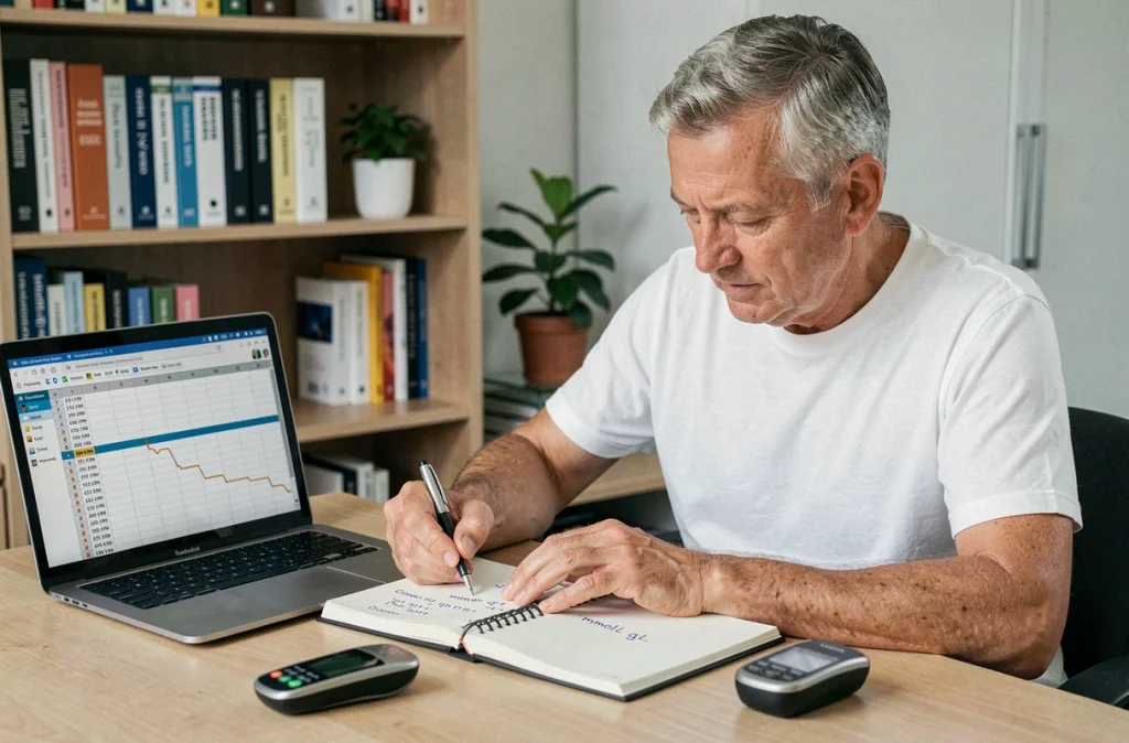 Homme senior prenant des notes de conversion glycémique mmol/L en g/L dans un carnet de santé à son bureau à domicile