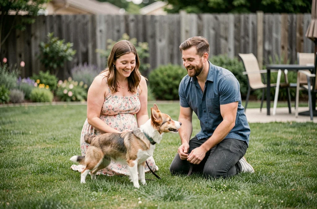 Couple attendant un enfant jouant avec leur chien en laisse dans un jardin, illustrant une interaction sécurisée avec les animaux de compagnie durant la grossesse