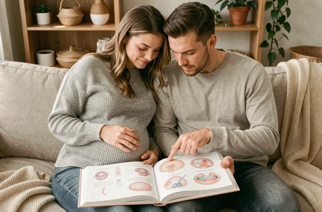 Couple attendant un bébé lisant ensemble un livre sur le développement du fœtus mois par mois dans leur salon