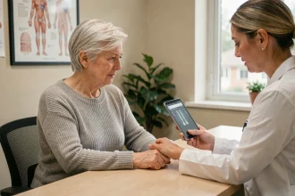 Femme de 60 ans en consultation médicale pour un dépistage de l'ostéoporose, médecin lui présentant les résultats d'une densitométrie osseuse sur tablette