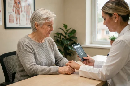 Femme de 60 ans en consultation médicale pour un dépistage de l'ostéoporose, médecin lui présentant les résultats d'une densitométrie osseuse sur tablette