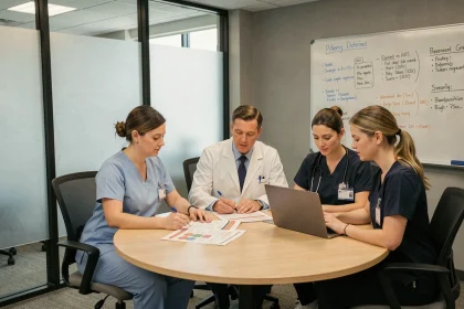 Diététicienne collaborant avec une équipe médicale pluridisciplinaire autour d'une table de réunion hospitalière