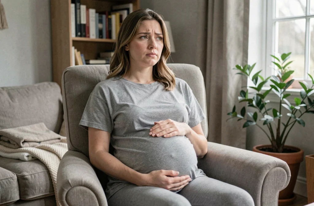 Femme enceinte au troisième trimestre assise dans un fauteuil avec une expression fatiguée, illustrant les difficultés de sommeil en fin de grossesse