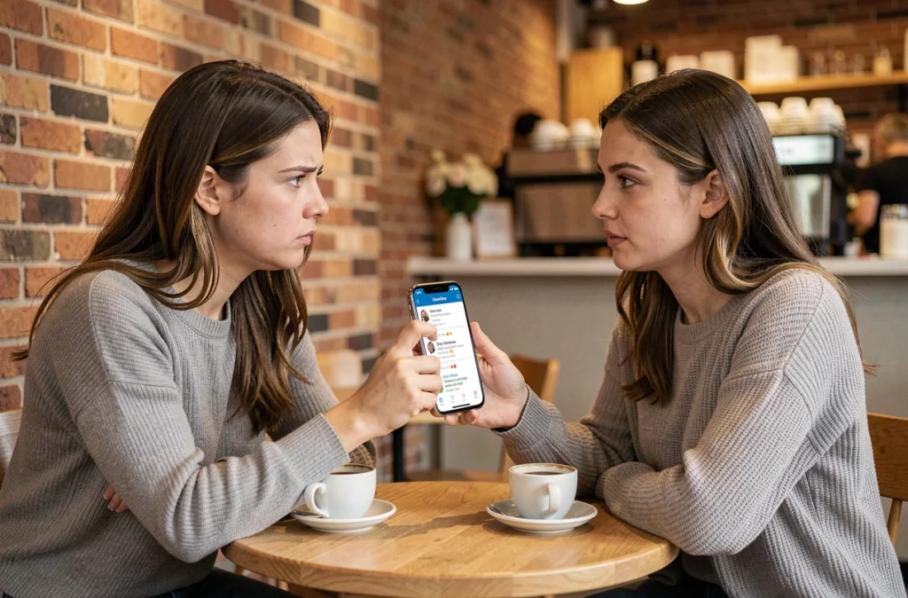 Deux femmes discutant des avis d'une box régime autour d'un café, l'une montrant des témoignages mitigés sur son téléphone dans un café parisien