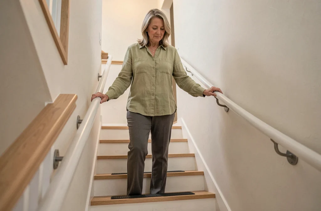 Femme utilisant une double rampe d'escalier installée pour sécuriser les déplacements et prévenir les chutes