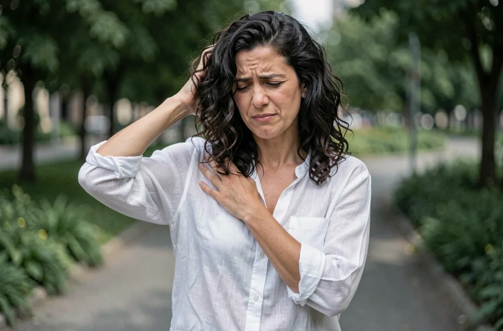 Femme en extérieur dans un parc urbain se tenant l'aisselle gauche avec une expression de douleur légère, différences de symptômes selon le genre