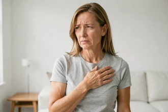 Femme de 40 ans tenant sa main sous l'aisselle gauche avec une expression de gêne légère, illustration de la douleur sous l'aisselle chez la femme