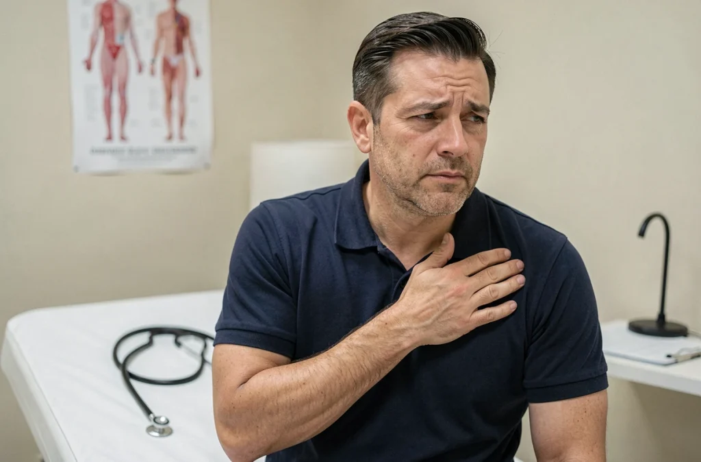 Homme de 45 ans assis dans un cabinet médical avec la main sous l'aisselle gauche, illustrant la douleur axillaire gauche chez l'homme
