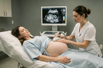 Femme enceinte lors d'une échographie prénatale avec une technicienne en salle d'examen clinique