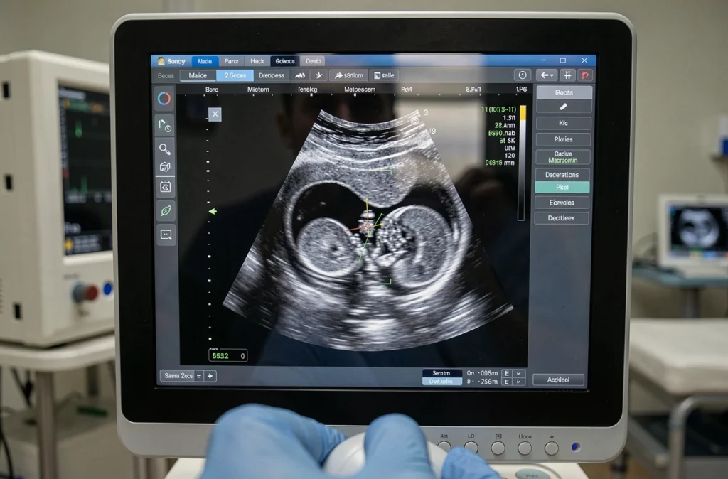 Écran d'échographie affichant une image sonographique d'un fœtus avec annotations médicales