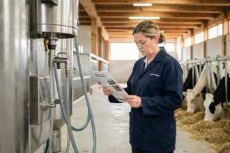 Éleveuse laitière examinant un bulletin papier de qualité du lait dans une étable moderne