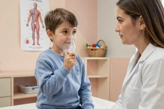 Jeune garçon asthmatique utilisant un inhalateur avec chambre d'inhalation lors d'une consultation pédiatrique