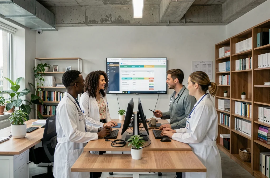 Équipe de professionnels de santé incluant une diététicienne analysant un plan nutritionnel sur écran dans un cabinet médical moderne