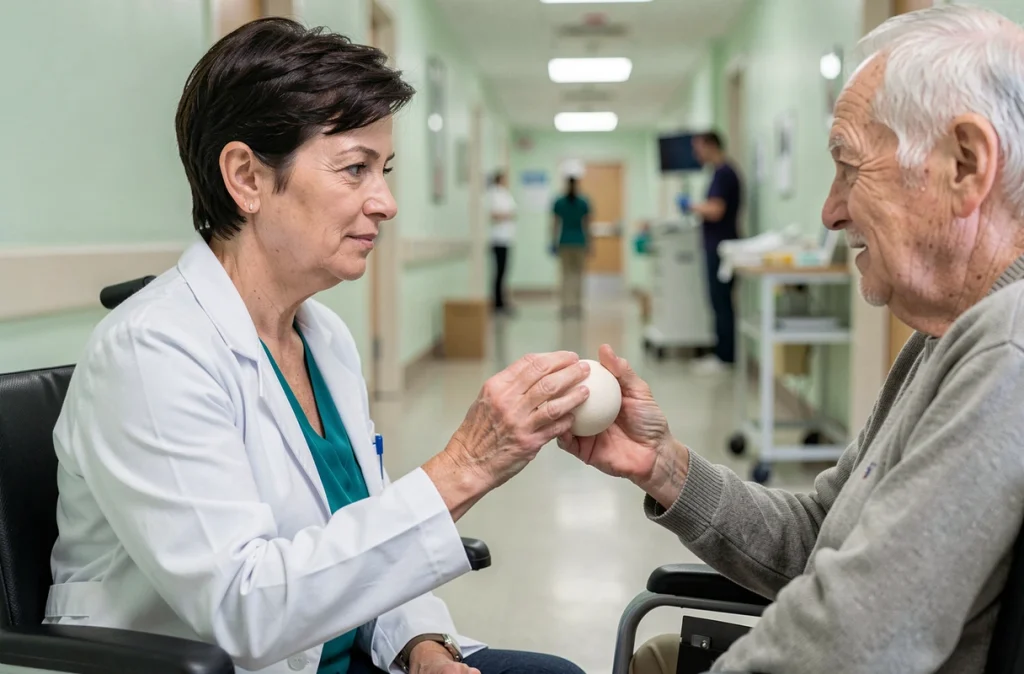 Portrait en plan rapproché d'une ergothérapeute travaillant avec un patient en fauteuil roulant sur un exercice de rotation du poignet dans un couloir hospitalier de rééducation