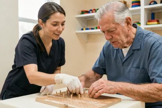 Ergothérapeute guidant un patient âgé dans un exercice de motricité fine avec un tableau de chevilles en bois lors d'une séance de rééducation en clinique