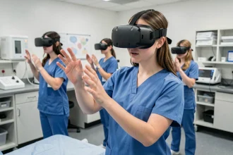 Étudiante infirmière portant un casque de réalité virtuelle dans un laboratoire de simulation universitaire pour sa formation médicale