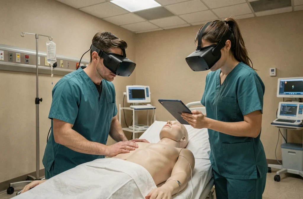 Deux étudiants en soins infirmiers travaillant ensemble sur un mannequin de simulation et un casque de réalité virtuelle dans une salle de formation hospitalière