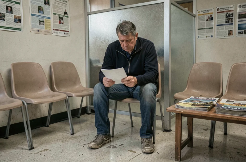 Un homme en salle d'attente d'un service psychiatrique, visage fatigué et préoccupé, tenant des documents médicaux, illustrant le vécu des familles face à l'anosognosie