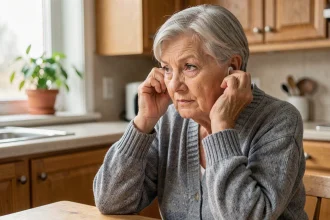 Femme âgée ajustant son appareil auditif dans une cuisine chaleureuse, illustration de la perte auditive liée à l'âge