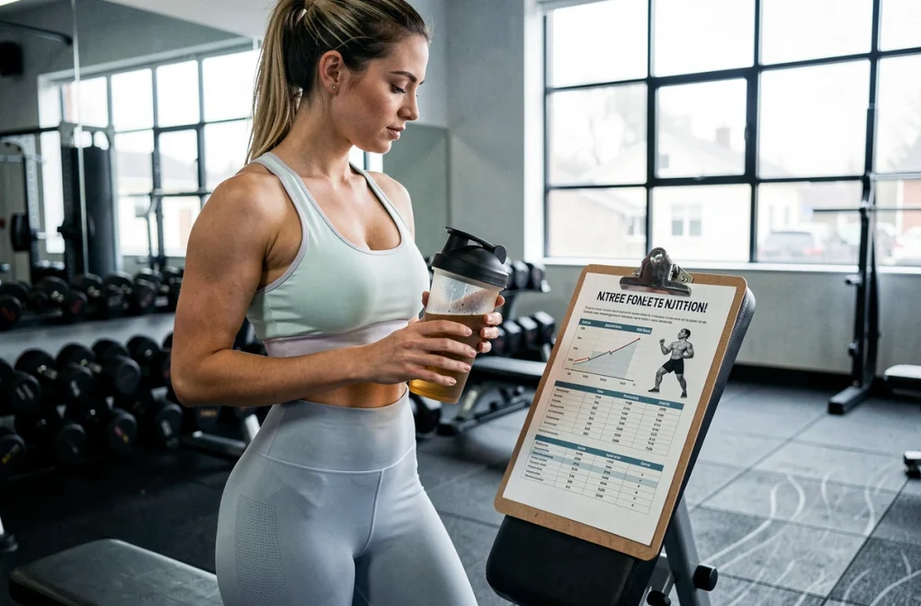 Femme athlétique en salle de sport consultant un plan nutritionnel pour sécher sans perdre de muscle après l'entraînement