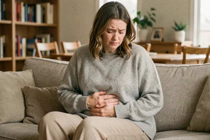 Femme souffrant de douleurs abdominales liées à la maladie de Crohn, assise sur un canapé en tenant son ventre