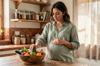 Femme enceinte choisissant des fruits et légumes frais dans une cuisine rustique en bois