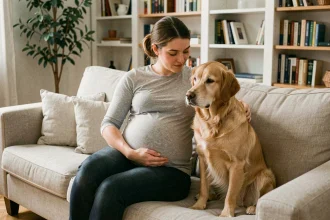 Femme enceinte caressant un golden retriever sur un canapé dans un salon cosy, illustrant les précautions avec les animaux domestiques pendant la grossesse